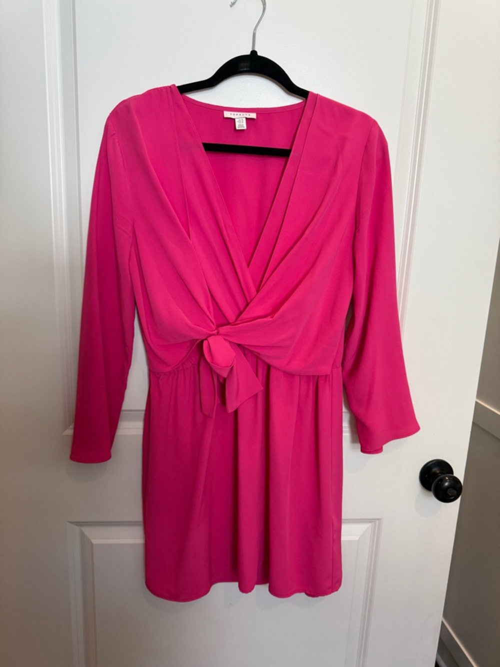 Topshop Fuchsia Pink Long Sleeve Mini Dress with Front Tie